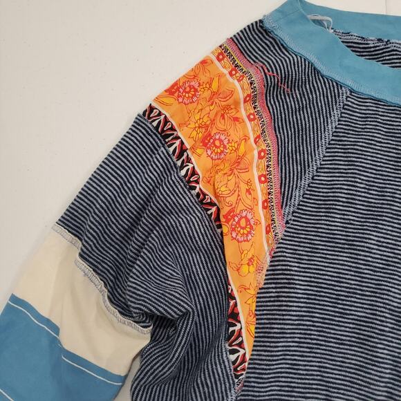 We the Free People Patchwork Raglan Shirt Womens Blue Striped Boho Cropped Tee - Picture 3 of 9